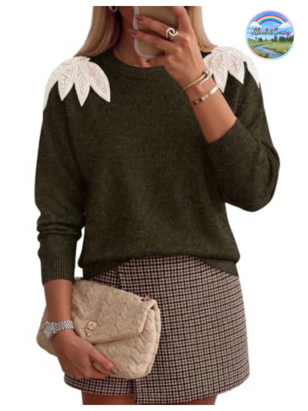 Women's Sweater with See-Through Beaded Shoulders Long Sleeve Knit Pullover Top